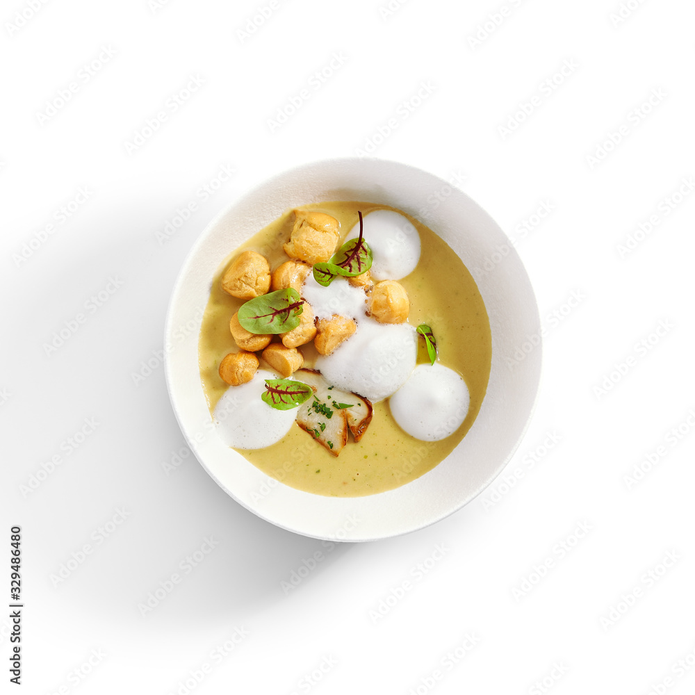 Wild mushroom cream soup with cheese profiteroles Wild mushroom cream soup with cheese profiteroles