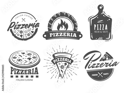 Pizzeria logos. Set of vector badges with pizza, full and slices. Labels for trattoria, pizzeria, Italian cuisine restaurant of cafe.