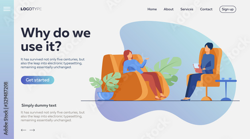 Woman visiting psychologist office. Patient sitting in armchair and talking to psychiatrist. Vector illustration for therapy session, psychotherapy counseling concept