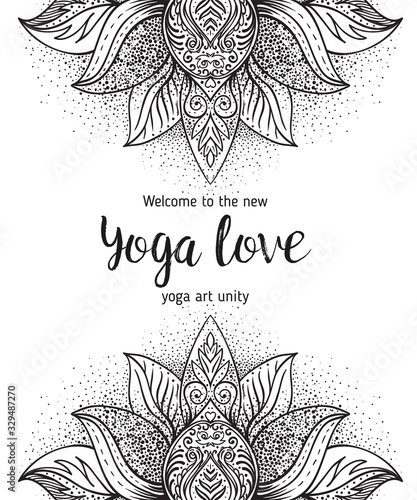 Stretch and Strength. Yoga card, flyer, poster, mat design. Colorful template for spiritual retreat or yoga studio. Ornamental business cards, oriental pattern. Vector illustration