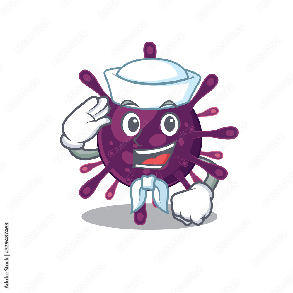 Naklejka premium Cute coronavirus kidney failure Sailor cartoon character wearing white hat