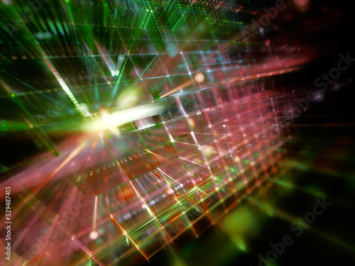 Abstract red and green background element on black. Fractal graphics 3d illustration. Science or technology concept.