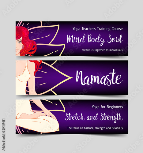 Stretch and Strength. Yoga card, flyer, poster, mat design. Colorful template for spiritual retreat or yoga studio. Ornamental business cards, oriental pattern. Vector illustration