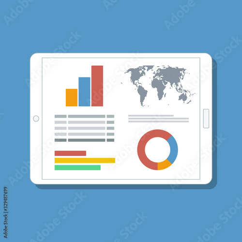 dashboard with bar charts and world map on digital tablet screen