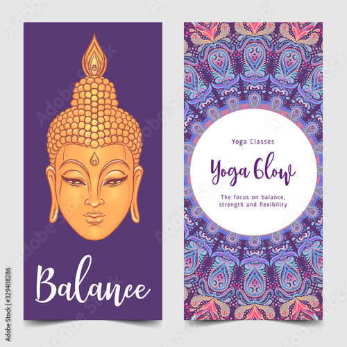 Stretch and Strength. Yoga card, flyer, poster, mat design. Colorful template for spiritual retreat or yoga studio. Ornamental business cards, oriental pattern. Vector illustration