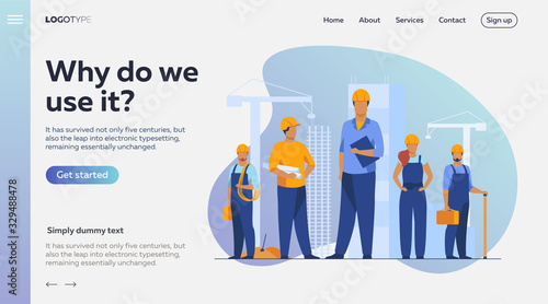 Construction team working on site. Builders, engineers, architects in helmets and overalls holding blueprints, toolkits, measuring tools. Vector illustration for building, engineering, labor