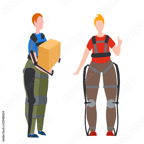 Set of men in exosuit. Help in lifting weights. Medical exoskeleton to help people with disabilities. Innovation in healthcare. Vector image for articles, banners and your design.