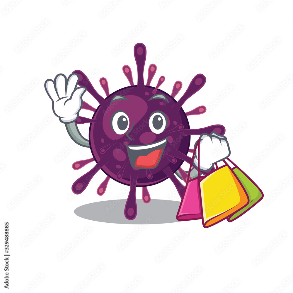 Happy rich coronavirus kidney failure mascot design waving and holding Shopping bag