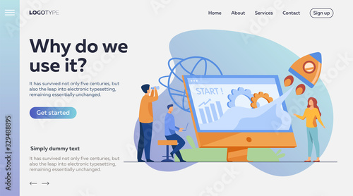 Team starting project. Workgroup working on startup, launching rocket from monitor with growth chart. Vector illustration for new business idea concept