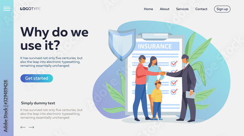 Father shaking hands with insurance agent. Family life insurance flat vector illustration. Insurance concept for banner, website design or landing web page
