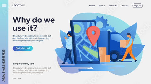 Delivery man and recipient who leaning on smartphone with pin. Door to door delivery by courier flat vector illustration. Delivery service concept for banner, website design or landing web page