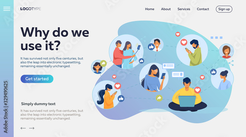 Social media network. Connected users taking pictures, posting, chatting flat vector illustration. Internet, connection, communication concept for banner, website design or landing web page