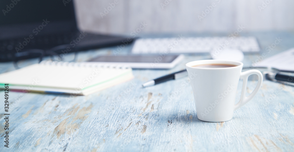 Coffee on the desk. Office workplace. Business concept Coffee on the desk. Office workplace. Business concept