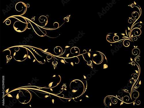 Set of gold vintage floral ornament, Hand drawn decorative element, vector illustration of floral element isolated on black background, design for page decoration cards, wedding, banner, frames