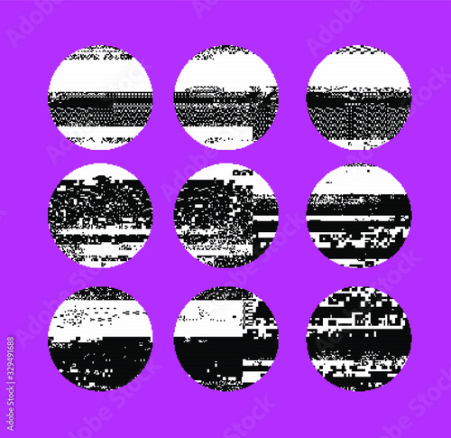 Set of circles with pixelated grainy texture on pink background. Vaporwave and retrowave elements for logotype or poster design. © local_doctor