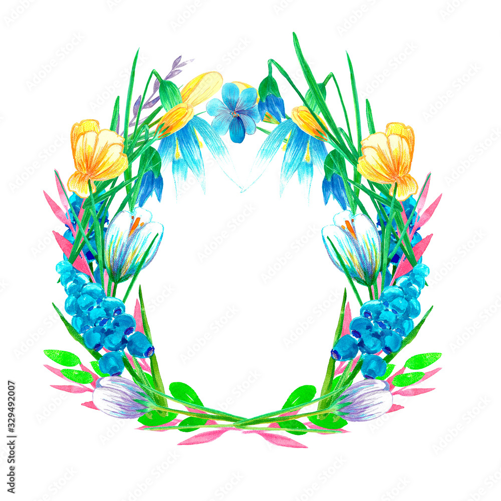 Obraz Beautiful bright watercolor floral wreath. Spring flowers crocus, muscari, daffodils, branches, leaves. Hand painted illustration isolated on white background. Perfectly for greeting card design.