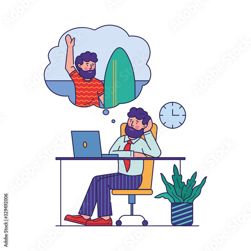 Office worker dreaming about vacation on ocean beach. Employee sitting at workplace and thinking about surfing. Vector illustration for holiday, travel, work balance, daydream concept