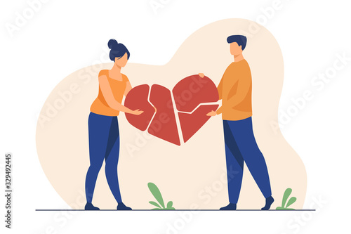 Couple mending broken pieces of heart. Young man and woman holding red heart shape with cracks. Vector illustration for love, relationship, problem, breakup concept