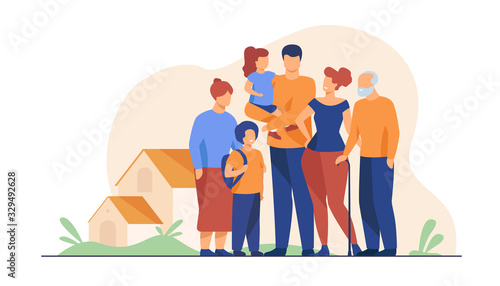 Big family meeting. Couple with senior parents and two kids standing together at suburban house. Vector illustration for love, togetherness, lifestyle concept photo