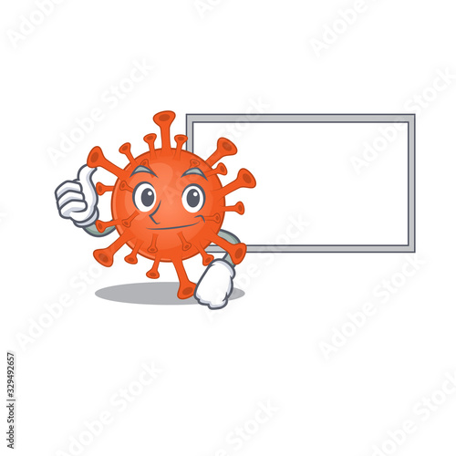 cute deadly corona virus cartoon character Thumbs up bring a white board