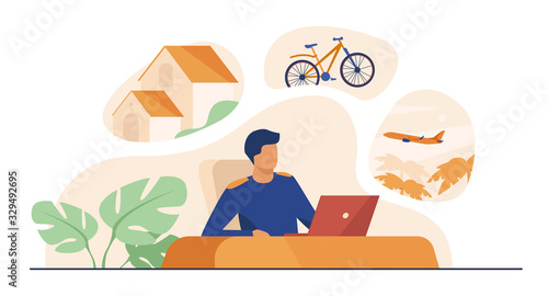 Man sitting at computer and planning his vacation. Office worker thinking about country house, travel by bike or plane. Vector illustration for dream, thought, lifestyle, wealth concept