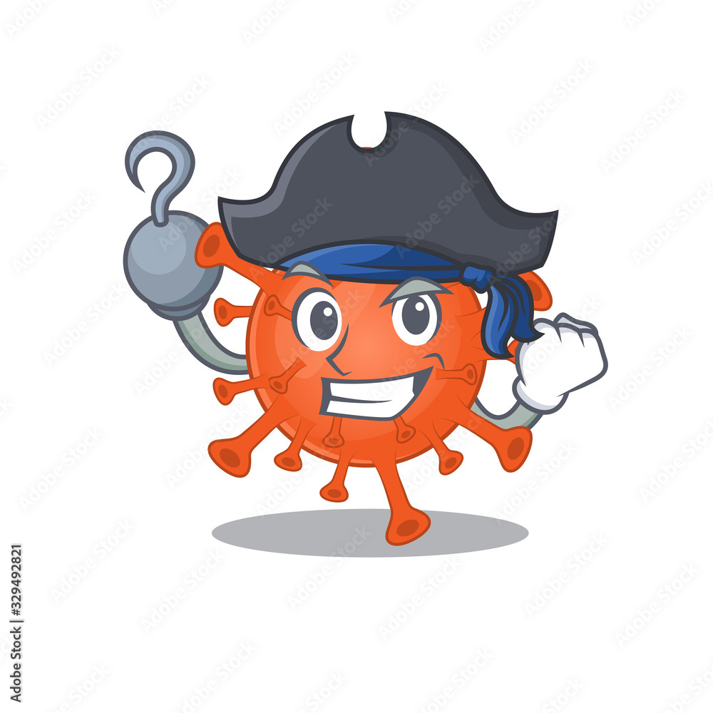 Cool deadly corona virus in one hand Pirate cartoon design style with hat