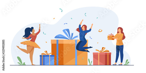 Group of young people celebrating birthday in surprise party. Friends giving gift boxes wot birthday girl. Vector illustration for celebration, festive event, presents, fun concept
