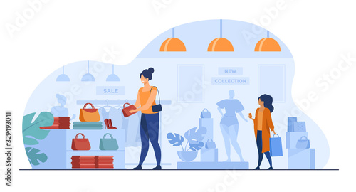 Female customers shopping in clothes shop. Women choosing garments, fashion accessories at sale in boutique. Vector illustration for retail store, marketing, purchase, consumers concept