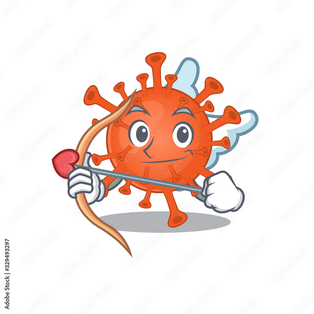 Romantic picture of deadly corona virus Cupid cartoon character with arrow and wings Romantic picture of deadly corona virus Cupid cartoon character with arrow and wings