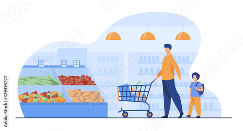 Father and son buying food in supermarket. Young man and boy wheeling shopping cart with food along aisles in grocery store. Vector illustration for market, retail, shoppers, customers concept