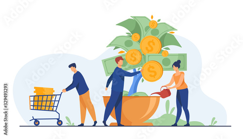 People growing money tree. Investors watering plant with cash, getting revenue. Vector illustration for business, finance, investment, growth, prosperity concept