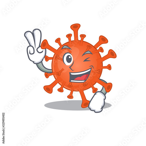 Cheerful deadly corona virus mascot design with two fingers