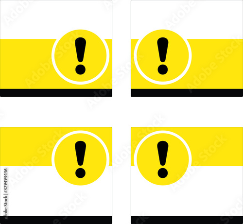 icon WARNING on yellow white and black frame, use mask for safety, icon no naked light in right or left position, yellow circle exclamation mark icon warning.
