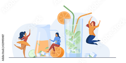 Happy girls drinking fresh lemonade. Young woman enjoying cocktails, having fun near glasses with cold fruit drinks and straws. Vector illustration for celebration, summer, party concept