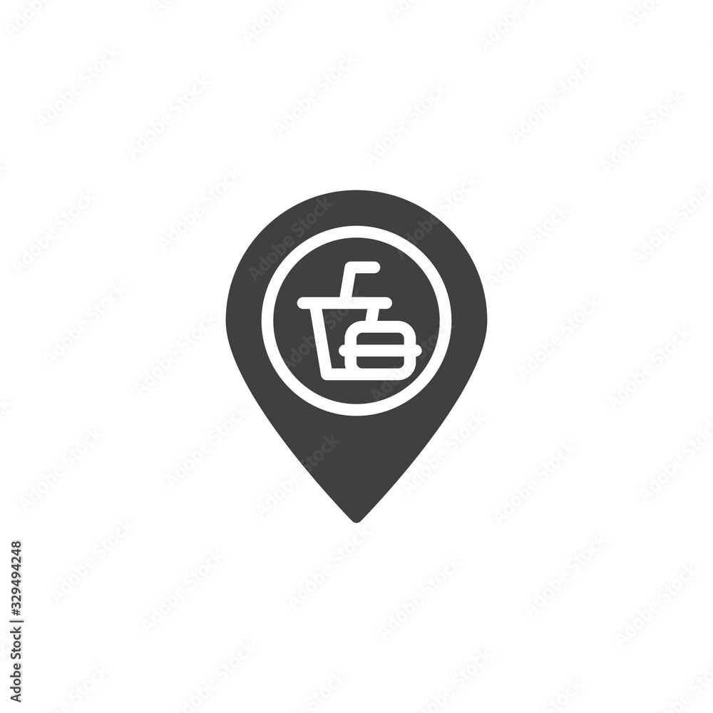 Restaurant location pin vector icon. Food point filled flat sign for mobile concept and web design. Map marker with fast food glyph icon. Symbol, logo illustration. Vector graphics Restaurant location pin vector icon. Food point filled flat sign for mobile concept and web design. Map marker with fast food glyph icon. Symbol, logo illustration. Vector graphics