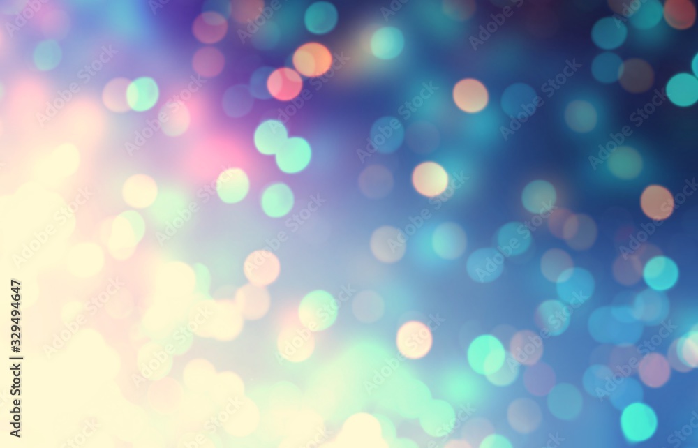Fototapeta premium Blue blurry background decorated shiny bokeh. Wonderful texture glitter. Defocused template festive. Abstract pattern confetti.