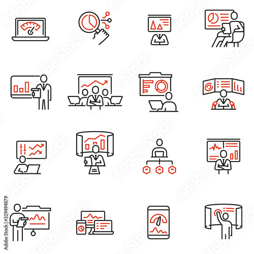 Vector set of linear icons related to gathering, analytics information, development statistic, expertise and consulting. Mono line pictograms and infographics design elements