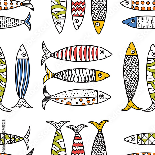 Cute fish.  Kids lbackground. Coloring seamless pattern. Can be used in textile industry, paper, background, scrapbooking.