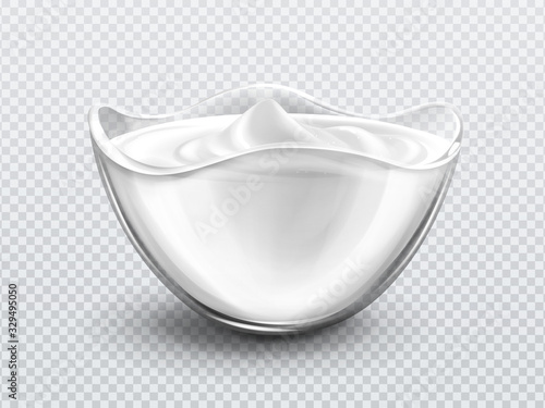 Bowl with sauce, cream. mayonnaise or yogurt. Glass cup with fresh dairy product, creamy cheese, sour or sweet mousse with swirl isolated on transparent background, realistic 3d vector illustration