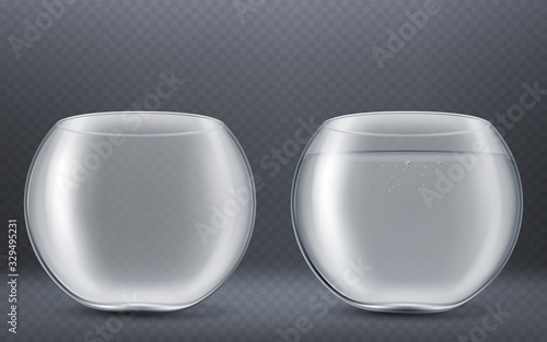 Glass round aquarium empty and full of water isolated on transparent background. Vector realistic mockup of clear fishbowl for golden fish, aquatic pet. Glass bowl, vase