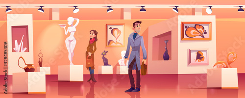 Visitors in museum with modern artworks. Art gallery interior with contemporary exhibition and tourists. Vector cartoon illustration of people look exposition with abstract paintings and sculptures