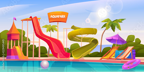 Aqua park with water slides, swimming pool, palms and lounger. Vector cartoon illustration of resort aquapark on sea beach with colorful spiral pipe and small kids waterslides
