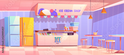 Ice cream shop interior with counter, fridge and tables. Vector cartoon illustration of cafe with ice cream in freezer, italian gelateria or parlor with sundae