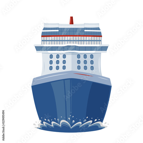 Isolated cruise ship in the sea, front view, flat style illustration. Vacation, travel, holidays, cruise concept. Seaway line connection transport. Sea cruise liner