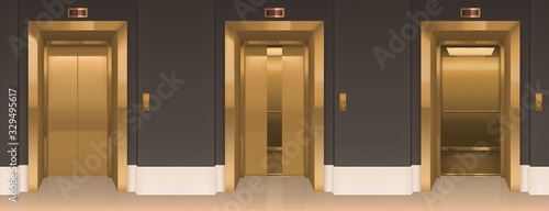 Golden lift doors. Office hallway with closed, slightly ajar and open elevator cabins. empty interior with passenger or cargo gold cabins, button panel and floor indicator on wall realistic 3d vector