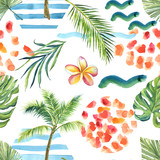 finished image of a seamless pattern, palm trees, green circle, palm branch, orange spots, blue waves on a white background, watercolor.