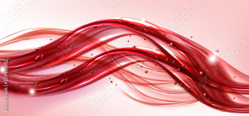 Red water splash wave with air bubbles and sparkles. Dynamic motion of liquid with, pure hydration element for cosmetics or drink ad isolated on pink background. Realistic 3d vector illustration