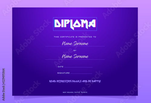 Kids diploma template, book gift certificate, preschool or kindergarten graduation border design with colorful typography on purple background. Cartoon vector illustration