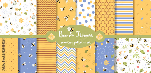 Bee seamless pattern collection Summer set Cute flying bees flowers honey geometric baby print Vector