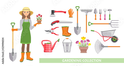 Gardening Set. Vector cartoon flat illustration of garden tool and woman gardener isolated on white background. Bucket, wheelbarrow, shovel, pitchfork, rake, pruner, ax, saw, watering can, plant pot. 